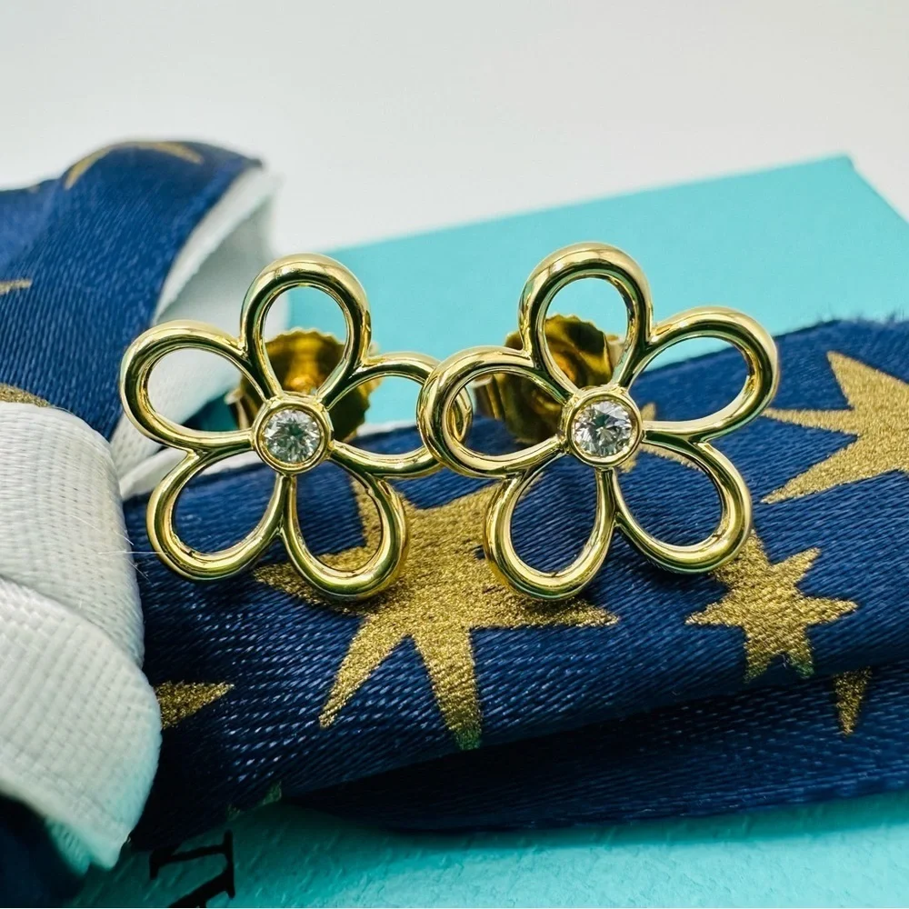 RARE Tiffany & Co. Diamond 18K Yellow Gold Garden Flower Earrings with Packaging